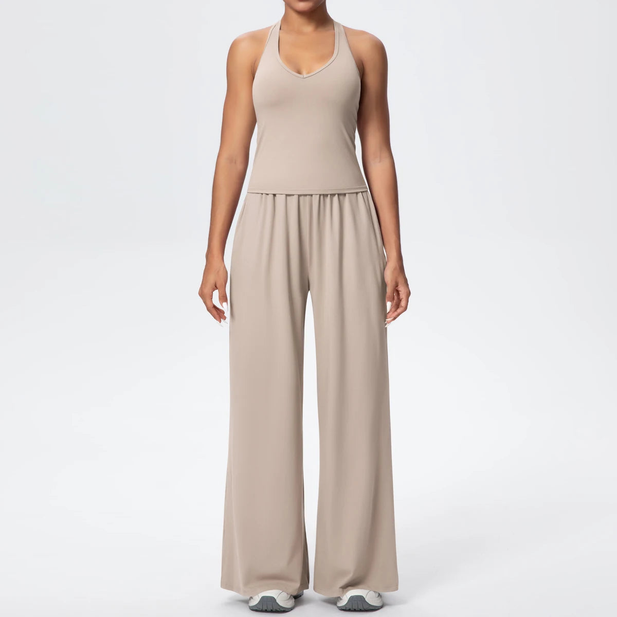 Damen-Yoga-Set: Tanktop und weite Hose, beiger Farbton, mit gerafftem Bund