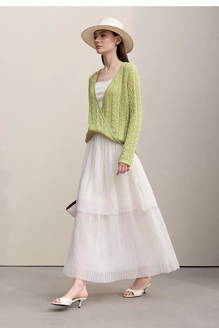 Damen-Strickjacke V-Ausschnitt Wolle Hohlstrick locker Langarm Frühling