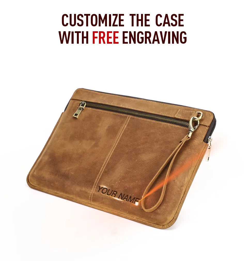 Braune Echtleder-Laptop-Tasche mit Reißverschluss, Ringösen und Handgurt, flaches Format