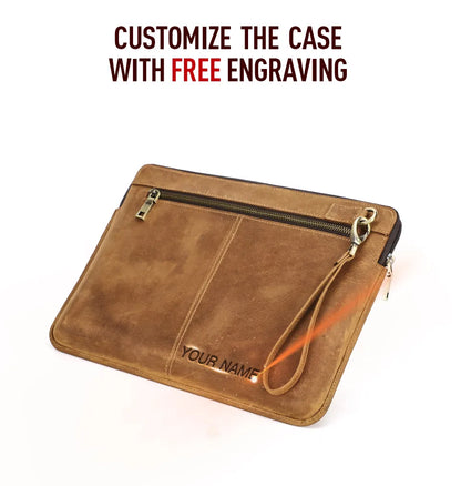 Braune Echtleder-Laptop-Tasche mit Reißverschluss, Ringösen und Handgurt, flaches Format
