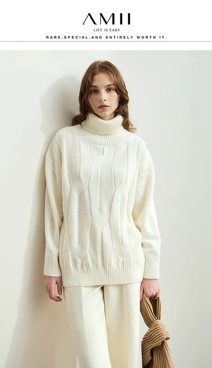 Damen-Rollkragenpullover locker Wolle-Mix lang Winter