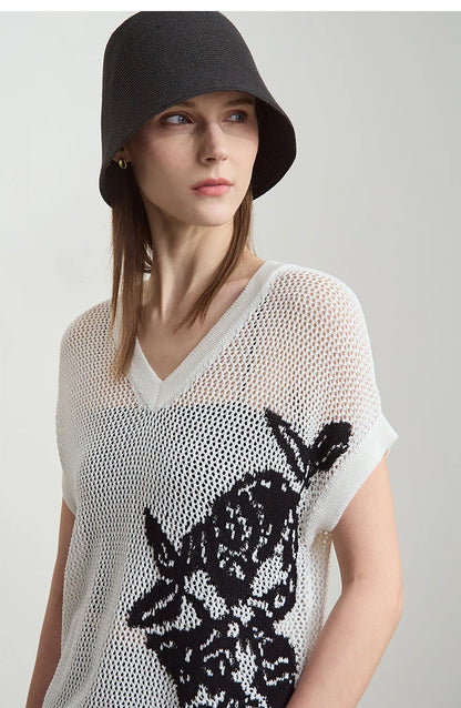 Damen V-Ausschnitt Pullover Viskose Kurzarm Aushöhlung Sommer