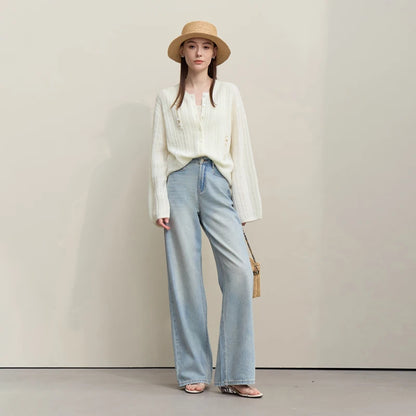 Damen-Strickjacke Rundhals Wolle locker überschnittene Schulter einreihig Frühling