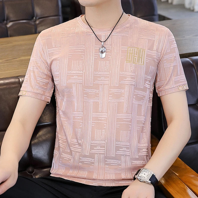 Herren T-Shirt aus Seide mit kurzem Arm und Streifen-Druck für Sommer