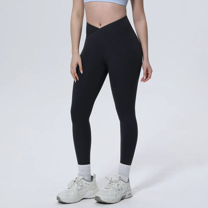 Schwarze Yoga-Leggings mit Cross-Waist-Bund, blickdicht und figurbetont