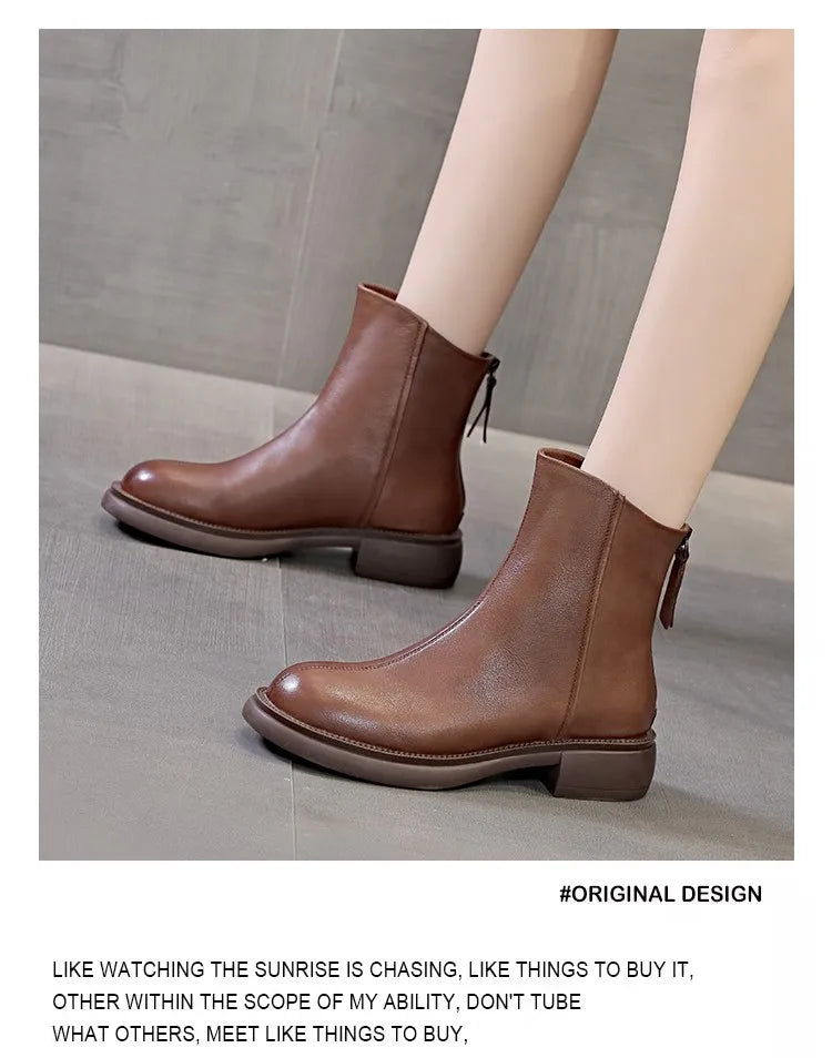 Braune Damen-Ankle-Boots aus Leder mit Reißverschluss, Zugband und niedrigem Absatz