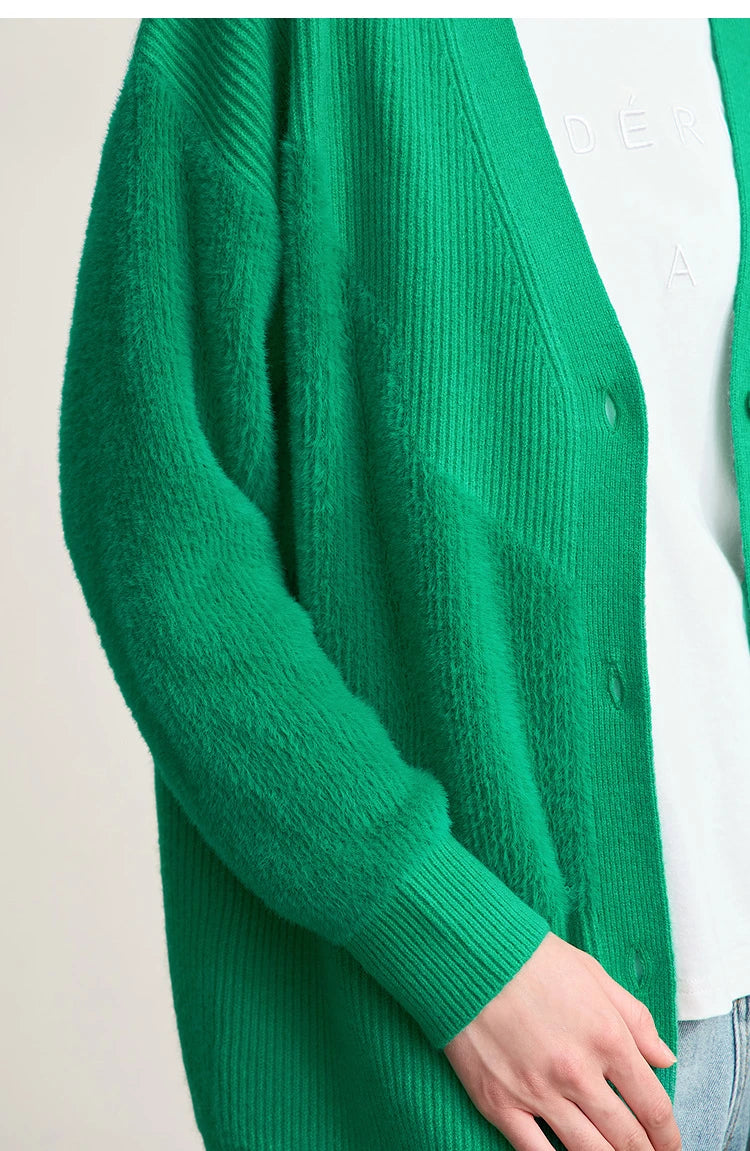 Damen-Strickjacke V-Ausschnitt dick warm locker elastisch Winter