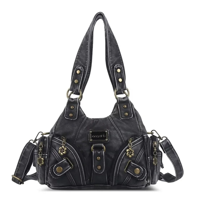 Damen-Handtasche mit Top-Griff und Mehrfachfächern für Smartphone Vintage-Stil Kompakt