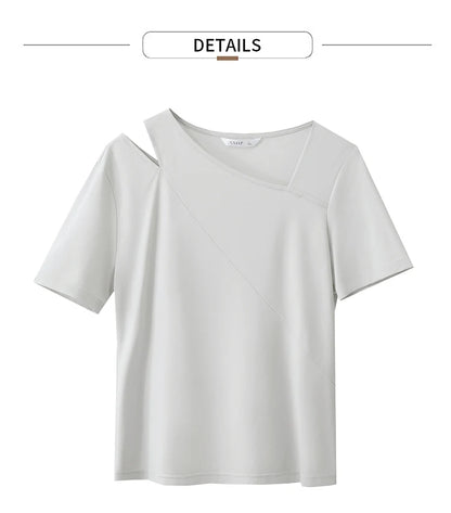 Damen T-Shirts im Minimalismus-Stil mit asymmetrischem V-Ausschnitt und kurzen Ärmeln