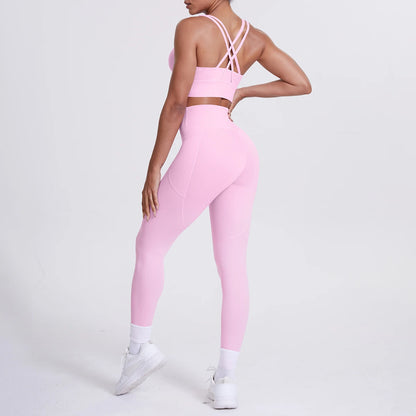 Yoga-Set mit Sporttop und Leggings, rosé, gekreuzte Träger, hoher Bund