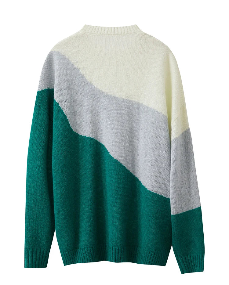 Strickpullover mit Rundhalsausschnitt, Rückansicht, Colour-Block grau/creme/teal