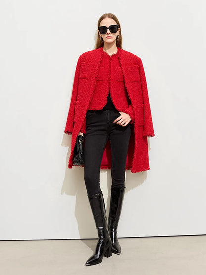 Damen Winter Mantel aus Tweed mit losem Schnitt und Rundhalsausschnitt