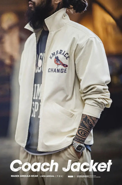 Herren Vintage-gestickte Coach-Jacke im lässigen Stil mit Reißverschluss