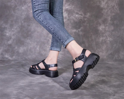 AIYUQI Sandalen Frauen Sommer 2025, Neue Echtes Leder Baotou Römischen Sandalen Damen Retro Hohl Gewebt Frauen Sandalen