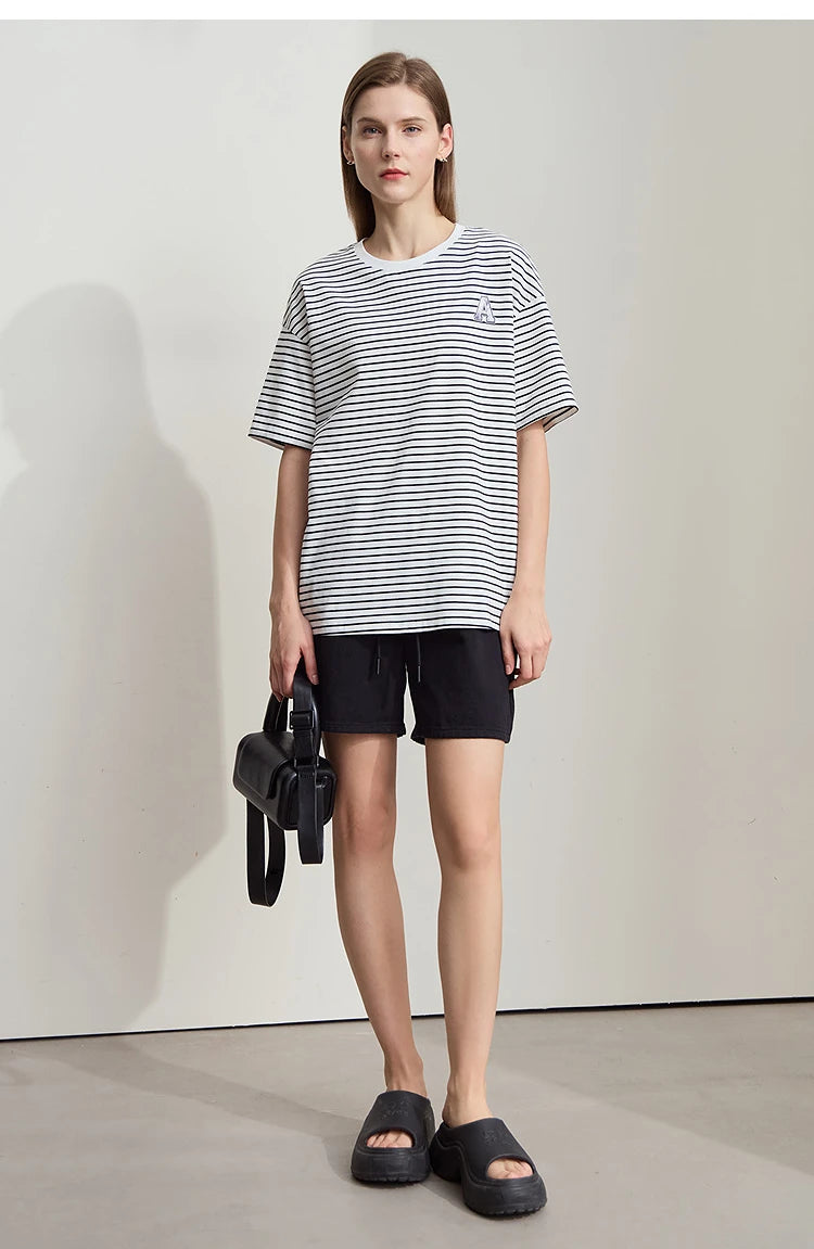 Damen T-Shirt aus reiner Baumwolle mit lässigem Streifenmuster und kurzen Ärmeln