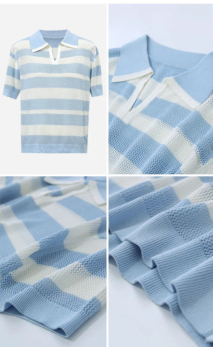 Gestreifter Kurzarm-Strickpullover, Polokragen, Blau/Weiß Detailansichten