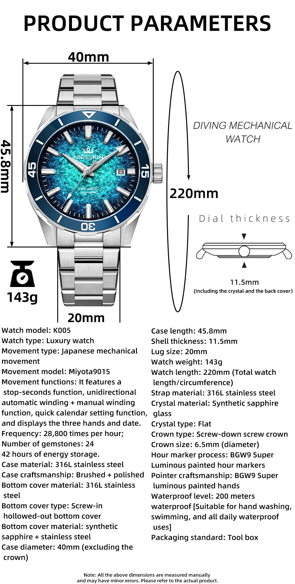 Herren-Luxus-Taucheruhr mit Japan-9015-Werk und Saphirglas