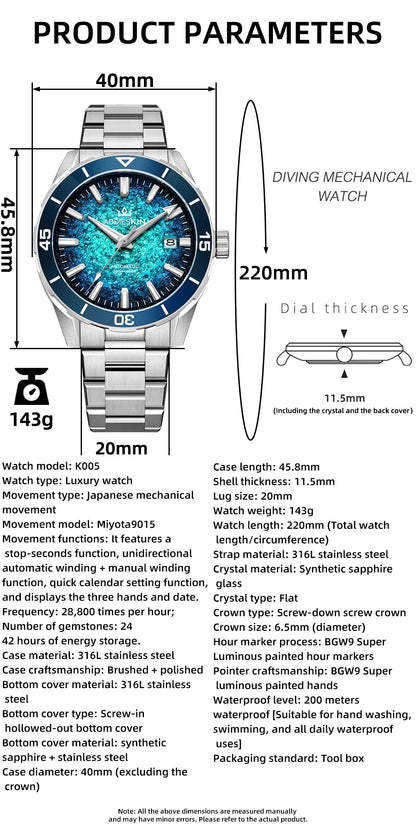 Herren-Luxus-Taucheruhr mit Japan-9015-Werk und Saphirglas