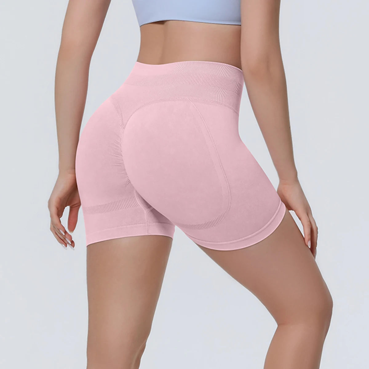 Athlevo nahtlose Yoga-Shorts rosé, 3/4-Rückansicht, hoher Bund