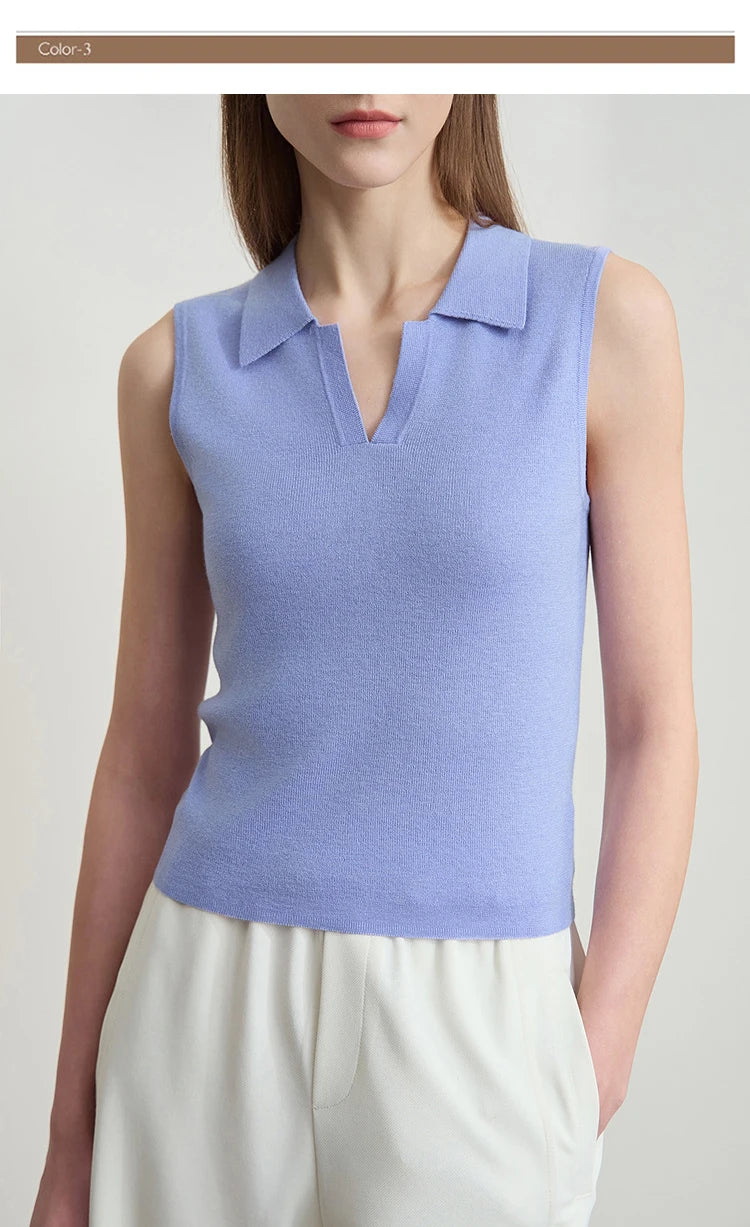 AMII ärmelloser Strickpullover mit Umlegekragen und V-Ausschnitt, himmelblau