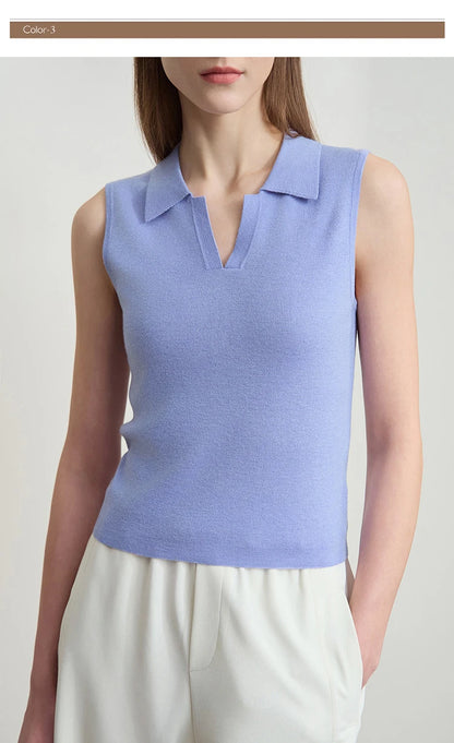AMII ärmelloser Strickpullover mit Umlegekragen und V-Ausschnitt, himmelblau
