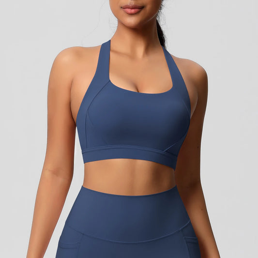 Sport-Crop-Top nackenfrei, dunkelblau, mit breiten Trägern und Racerback-Optik