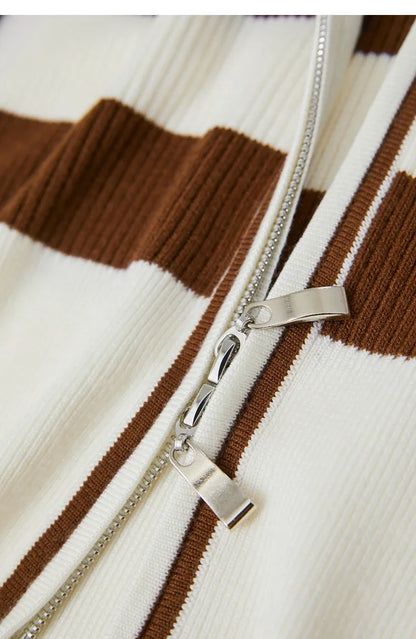 Damen-Strickjacke Kaschmir-Wolle Slim Streifen Reißverschluss Herbst