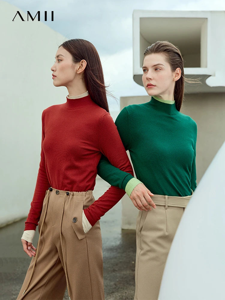 Damen-Strickpullover mit Rollkragen, langarm, schmal geschnitten, rot und grün