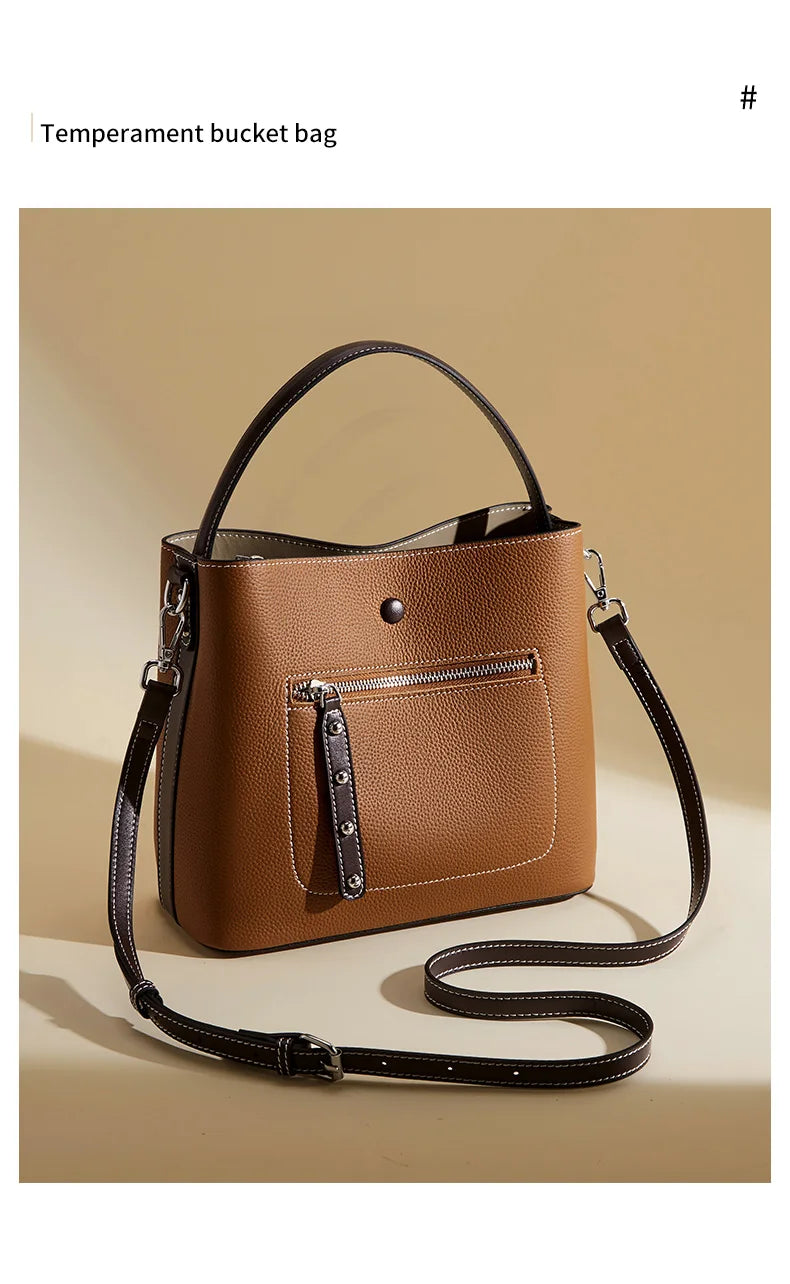 Damen-Handtasche aus echtem Leder im Bucket-Stil mit großem Fassungsvermögen Alltagstauglich