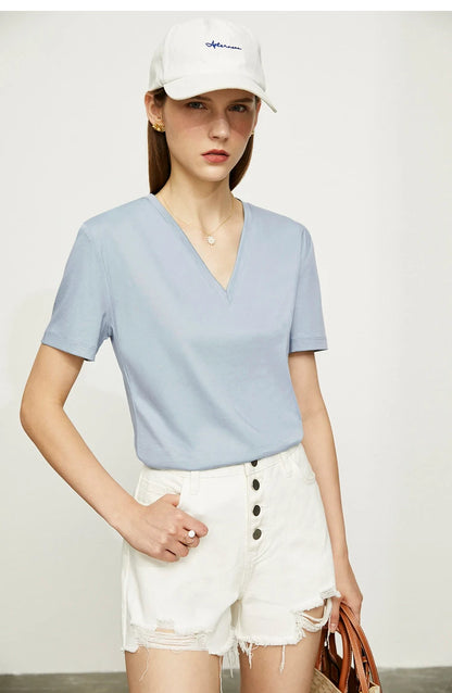 Damen Tops im Minimalismus-Stil mit V-Ausschnitt und kurzen Ärmeln