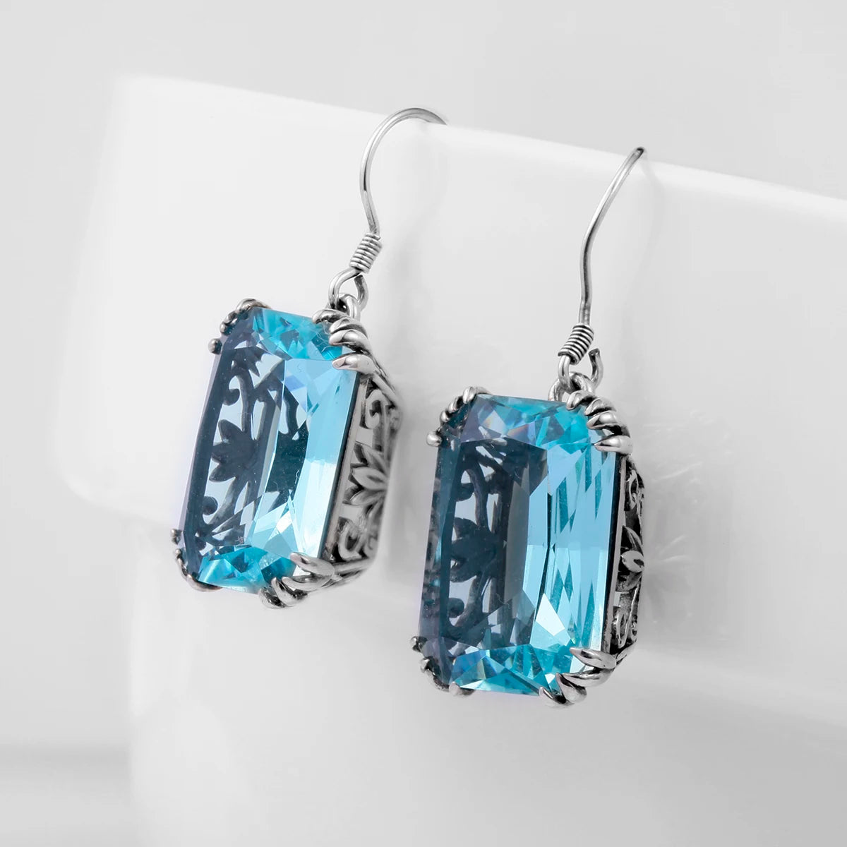 Damen-Ohrringe aus Sterlingsilber 925 mit quadratischem Aquamarin-Anhänger handgefertigtes Vintage-Design