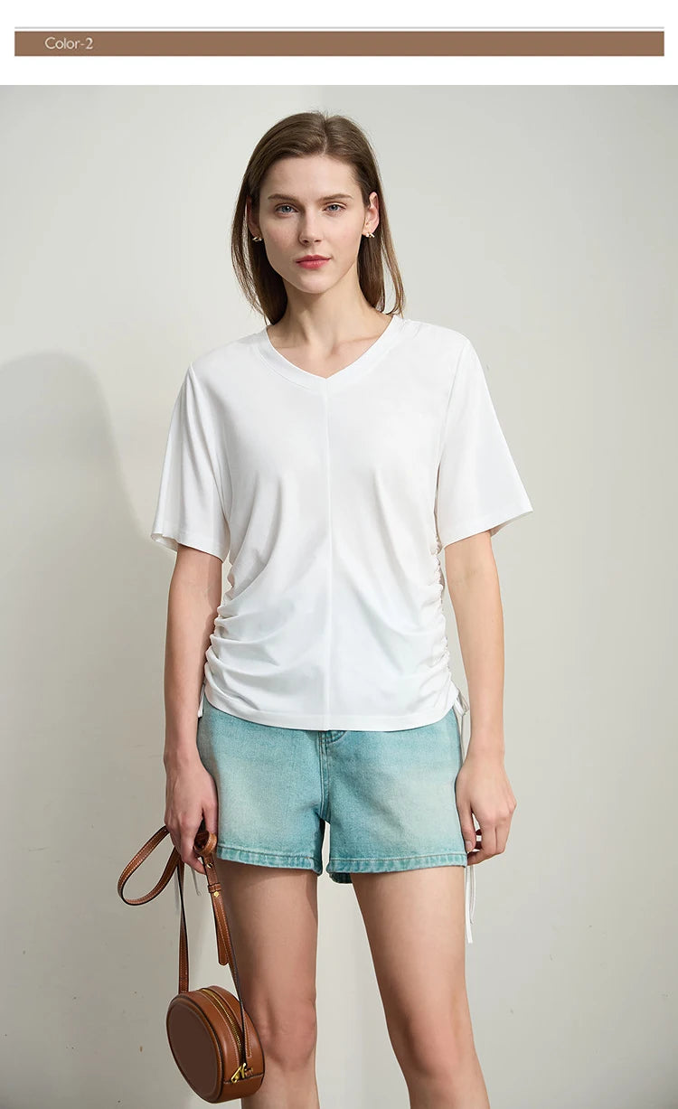 Damen T-Shirt mit solidem V-Ausschnitt und Kordelzug für den Sommer