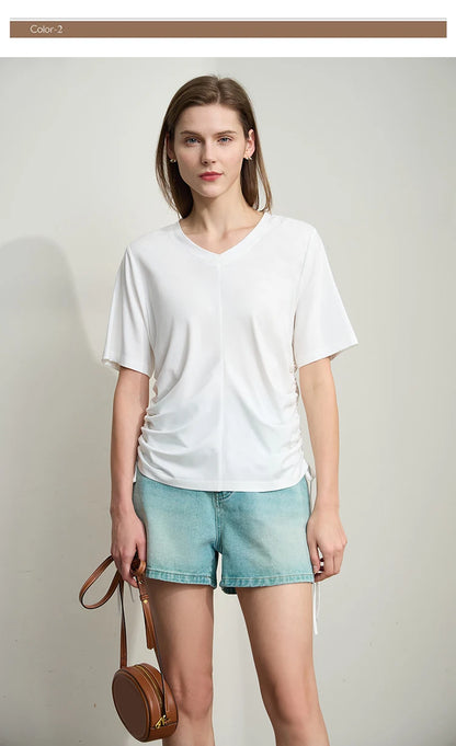 Damen T-Shirt mit solidem V-Ausschnitt und Kordelzug für den Sommer