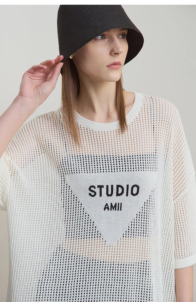 Damen-Rundhalspullover Buchstaben-Jacquard Halbarm locker Sommer