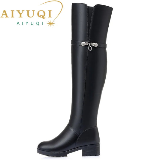 AIYUQI Damen-Kniehohe Stiefel aus schwarzem Leder mit Schleifen-Detail am Schaft