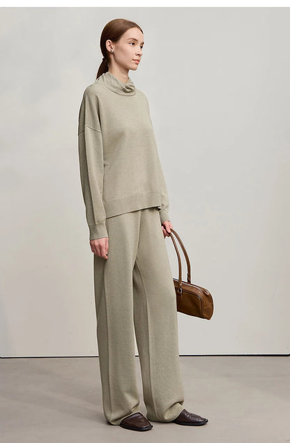 Damen-Set mit Rollkragenpullover und weiter Hose, hellbeige, mit langen Ärmeln