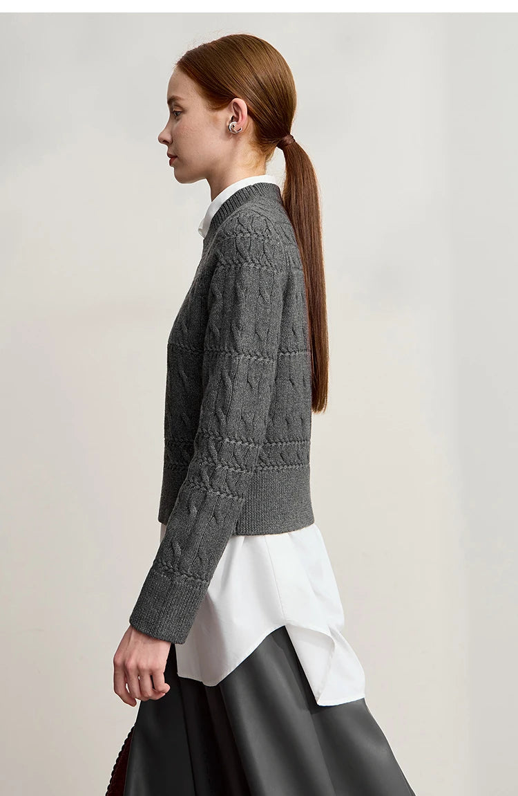 Damen-Rundhalspullover kurz einfarbig Retro locker Winter