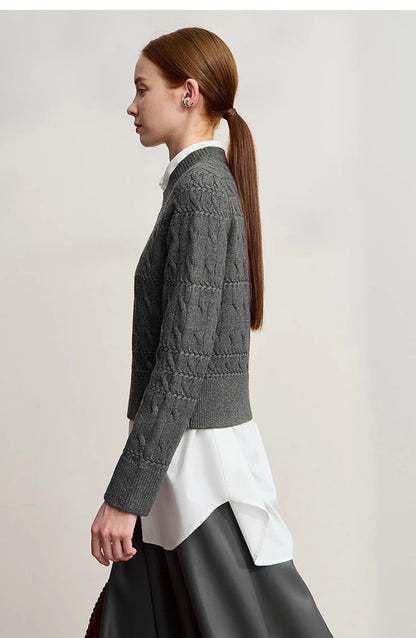 Damen-Rundhalspullover kurz einfarbig Retro locker Winter