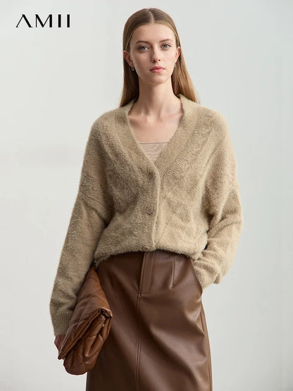 Damen-Strickjacke V-Ausschnitt Nerz-Imitat locker dick Winter