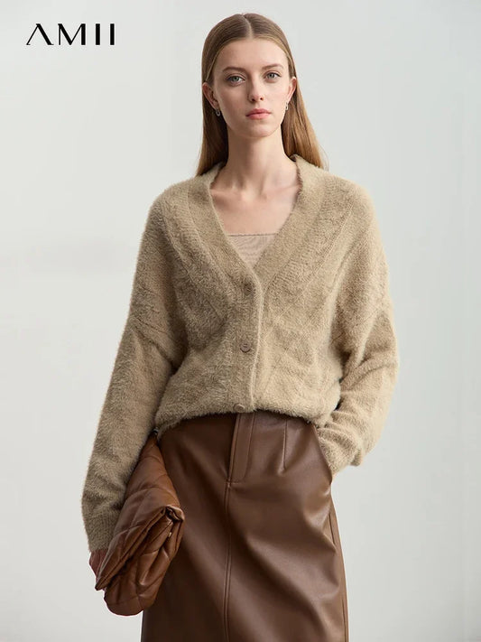 Damen-Strickjacke V-Ausschnitt Nerz-Imitat locker dick Winter