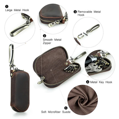 Leder-Schlüsseltasche mit Metallhaken, glattem Reißverschluss und Nahtkante, dunkelbraun