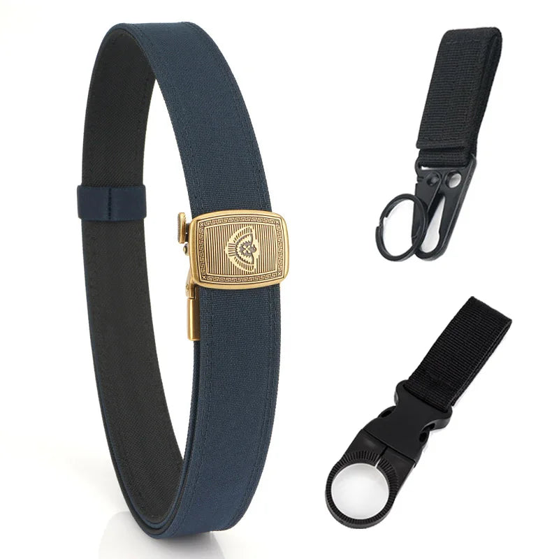 Herren-Nylon-Gürtel Blau/Schwarz mit goldener Metall-Schnalle, inkl. Schlüsselanhänger