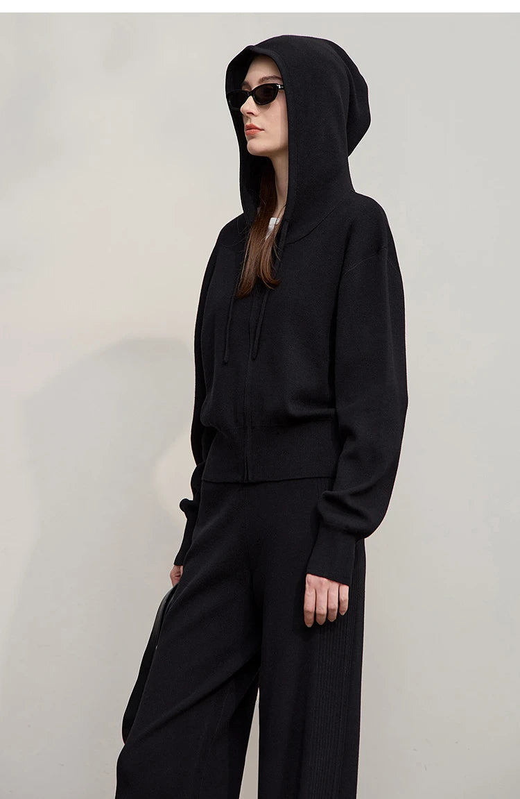 Damen-Strickjacke Kapuze Reißverschluss locker Wolle-Mix Herbst-Winter