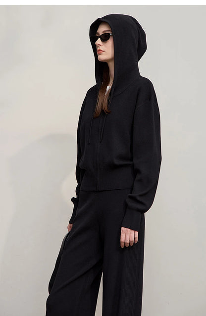 Damen-Strickjacke Kapuze Reißverschluss locker Wolle-Mix Herbst-Winter