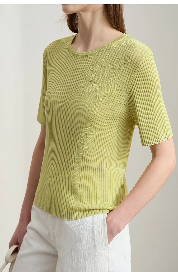 Limonengrüner Feinstrickpullover mit Rundhalsausschnitt und kurzen Ärmeln