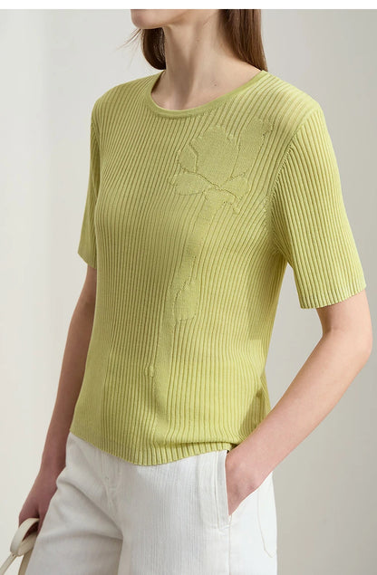 Limonengrüner Feinstrickpullover mit Rundhalsausschnitt und kurzen Ärmeln