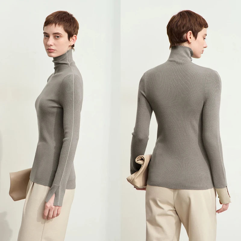 Damen-Rollkragenpullover Farbkontrast Slim Fit Langarm Frühling