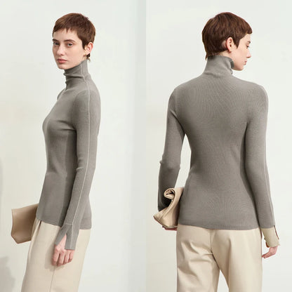 Damen-Rollkragenpullover Farbkontrast Slim Fit Langarm Frühling