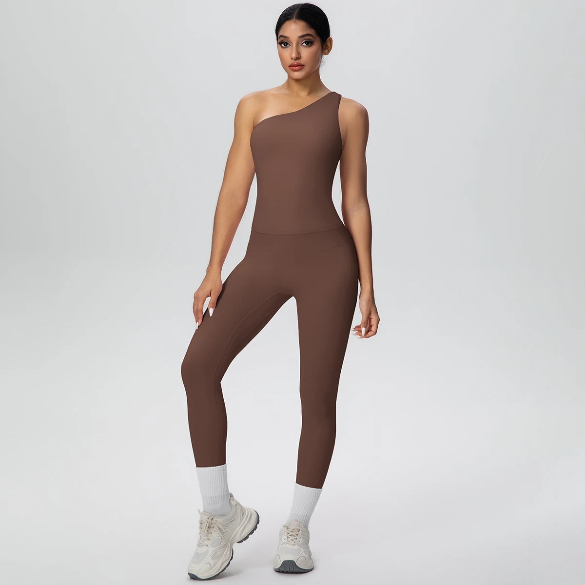 Braunes Yoga-Sportset mit ärmellosem Crop-Top und Leggings, hoher Bund und Beinabschlüsse