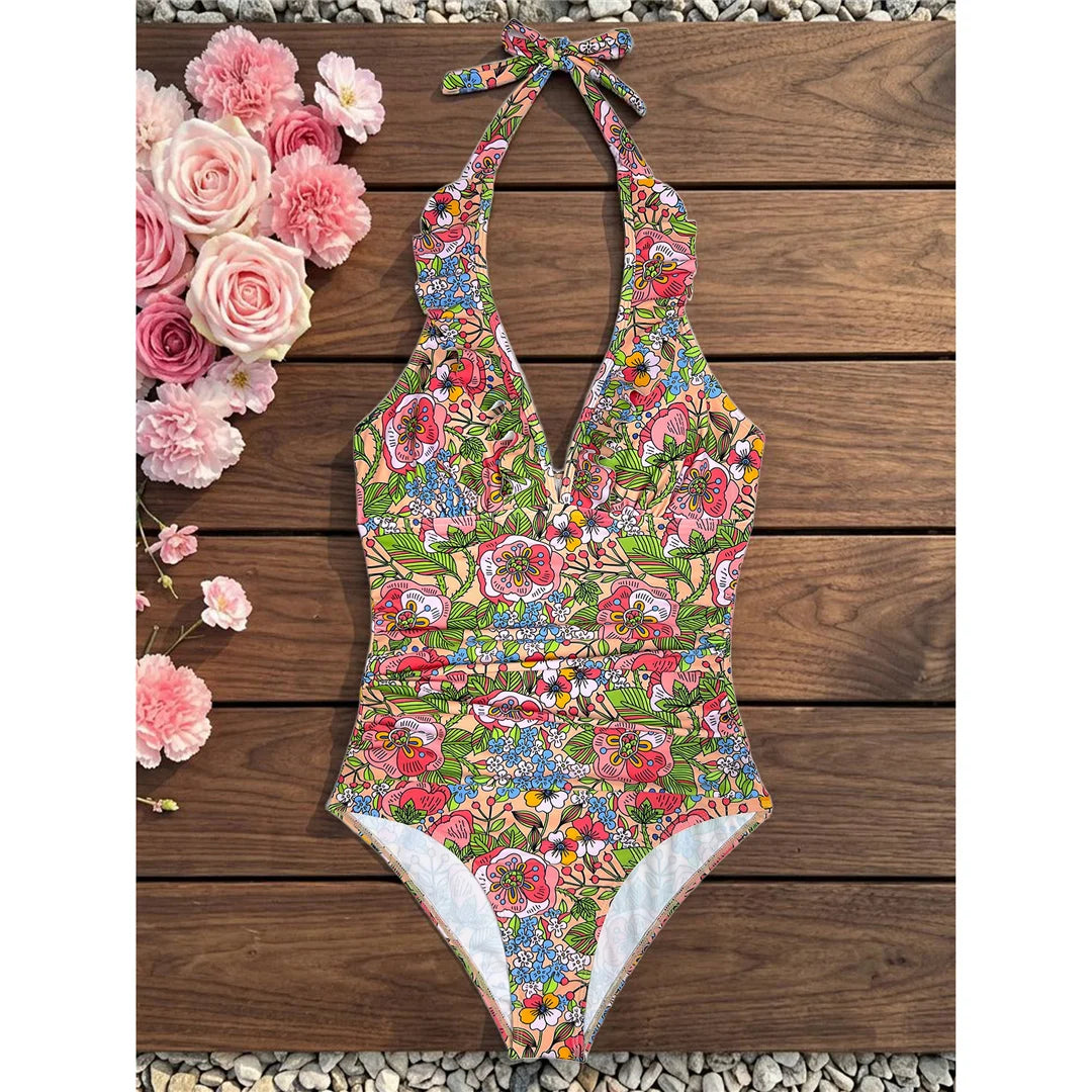 Damen Badeanzug Blumen V-Ausschnitt Neckholder Monokini hoher Beinausschnitt C